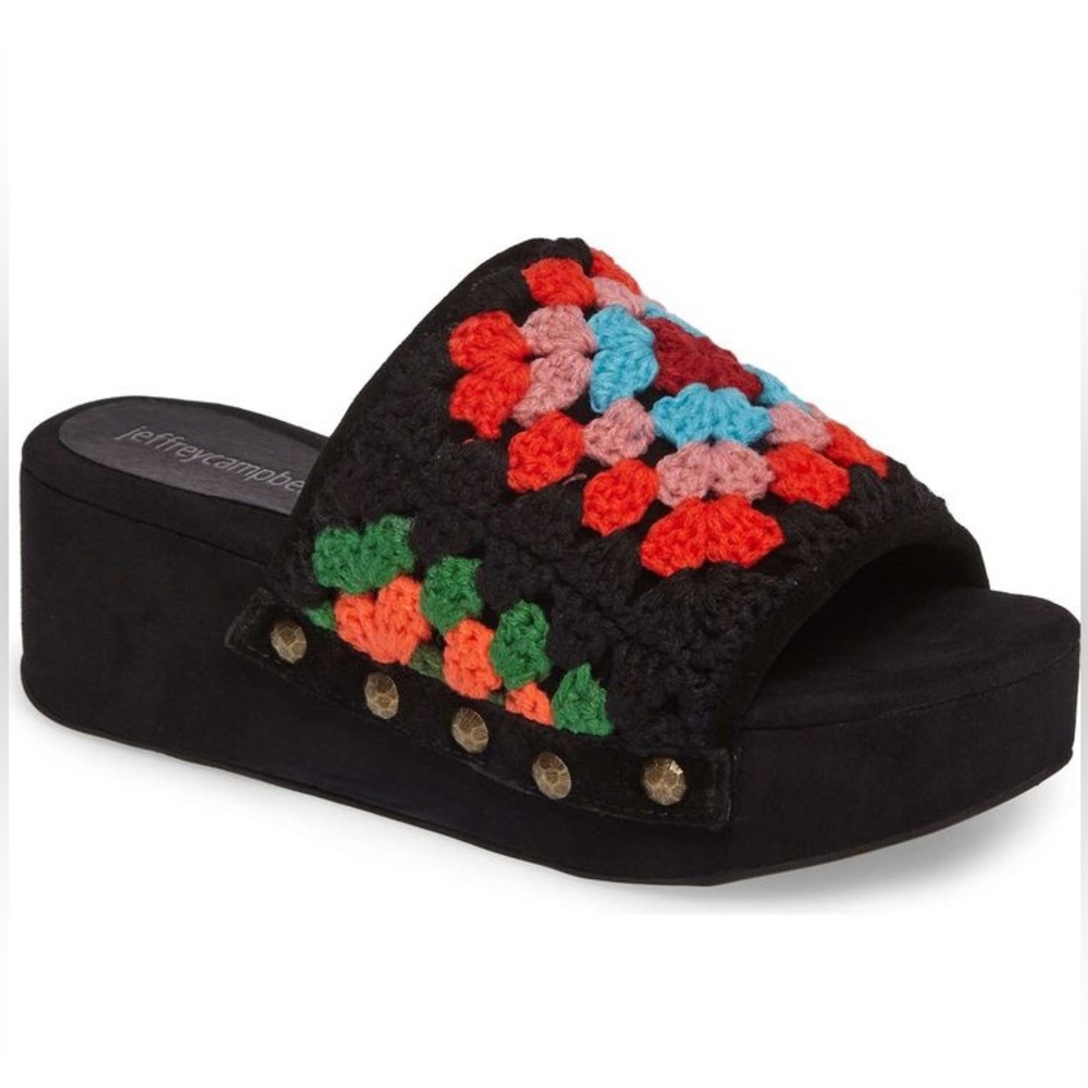 Jeffrey Campbell Nonna Crocheted Platform Slide Sandal In Black Suede Multi, 10M